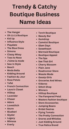 a pink poster with black and white text on it that says trendy & catchy boutique business name ideas