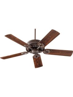 a ceiling fan with three wooden blades