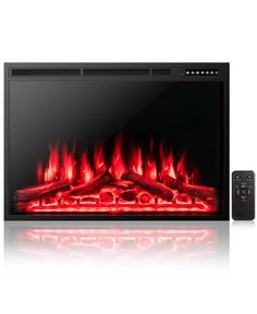 an electric fireplace with red flames and remote control