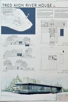 an architectural drawing of a house in the snow with plans for it and instructions on how to build it