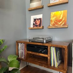 a record player sitting on top of a wooden shelf next to a plant and pictures