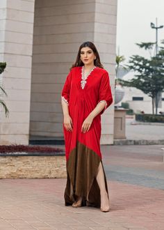 Bright coral and taupe colorblock Velvet Kaftan delicately handworked with dabka, nakshi and zardozi on the neckline, shoulder slits and sleeves. Anarkali Dresses With Embroidered Neckline, Anarkali Traditional Wear With Embroidered Neckline For Designer Wear, Anarkali Style Kurta With Embroidered Neckline, Anarkali Style Maxi Kurta With Embroidered Neckline, Anarkali Kurta With Embroidered Neckline Maxi Length, Festive Designer Traditional Wear With Embroidered Neckline, Designer Straight Kurta Dresses With Embroidered Neckline, Designer Dresses With Embroidered Neckline Straight Kurta, Designer Eid Dress With Embroidered Neckline