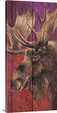 the moose is painted on wood with purple and red background, as well as an image of it's antlers