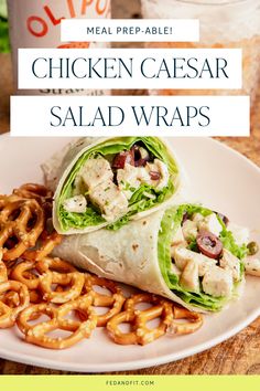 Chicken caesar salad wraps sit on a pink colored plate next to a side of pretzels. Chicken Caesar Wrap Recipe, Chicken Caesar Salad Wraps, Caesar Salad Wrap, Homemade Caesar Dressing, Homemade Caesar, Chicken Caesar Wrap, Caesar Chicken, Chicken Salad Wrap, Chicken Caesar