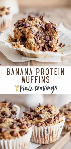 banana protein muffins with chocolate chips on top