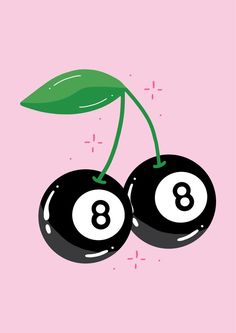 Two black eight balls connected by a leaf and stems to look like a pair of cherries - illustration in pink, black and green. Lucky You Poster Black, Trendy Digital Art, Cherry Art Print, Eight Ball Drawing, 2000s Drawings Aesthetic, Eight Ball Painting, Trendy Prints Wall, Maximalist Art Print, Cherry 8 Ball Tattoo