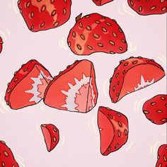 strawberries with maple leaves on a pink and white background that looks like they have been cut in half