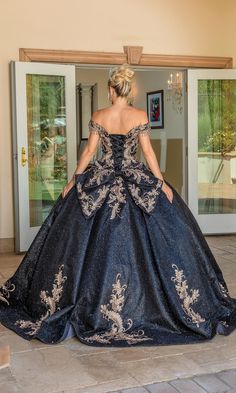 Gold lace embroidered off the shoulder a-line quinceanera ball gown with bow detail on back. Rhinestone Decorations, Blue Quince, Quince Dress, Embroidered Bodice, Body Measurement, Quinceanera Dress, Rhinestone Embellishments, Prom Girl, Metal Lace