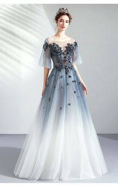 Ombre Prom Dress, Gaun Koktail, Lace Long Prom Dress, Ombre Prom Dresses, 파티 드레스, Prom Dress Evening, White Prom Dress, Blue Evening Dresses, Blue Tulle