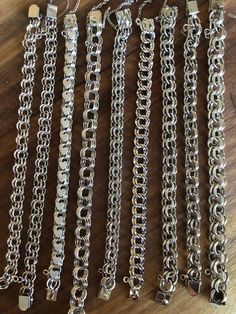 "Vintage sterling silver 'charm' chain bracelets.  These are in great condition.  Can be worn with or without charms.  Multiple sizes and widths.  I believe they are all coated with a non-tarnish coating as there is absolutely no evidence of tarnish.  All marked Sterling.  All clasps in good working order.  All with an 'on/off' safety chain.  Choices as follows: 1)  8 1/2\" L x 9mm W; 11 grams, Marked 'Forstner Sterling' 2)  8 1/2L x 8.75mm W; 12 grams, Marked 'Kremnitz Sterling' 3)  7 1/4\" L x Silver Metal Charm Bracelet With Box Chain, Silver Box Chain Charm Bracelet For Everyday, Everyday Silver Charm Bracelet With Box Chain, Silver Link Chain Bracelet With Charms, Silver Stainless Steel Chain Bracelet With Charms, Hypoallergenic Silver Chain Link Jewelry, Silver Hypoallergenic Link Charm Bracelet, Silver Charm Bracelet With Rolo Chain Links, Silver Chain Link Bracelets With Charms