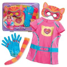 a pink and blue outfit with gloves and cat mask on it's head, next to a pair of hands