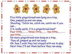 a poem written to children about teddy bears with hearts on their chest and the words five little gingerbread men lying on a tray