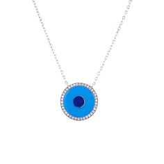 14K White Gold Turquoise Diamond: 0.6 CT Weight Evil Eye: 7/8" Diameter 15-18" Adjustable Chain Custom Clasp Blue Oval Diamond Necklace Fine Jewelry, Blue Oval Diamond Necklace In Fine Jewelry Style, Luxury Blue Diamond Pendant Necklace, Luxury Blue Pendant Diamond Necklace, Luxury Blue Diamond Gemstone Necklace, Luxury Blue Gemstone Diamond Necklace, Luxury Turquoise Round Necklace, Luxury Round Turquoise Necklace, Luxury Sterling Silver Turquoise Necklace