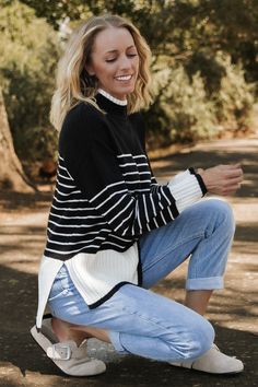 Benedict Stripe Knit Sweater | Black + Cream Stripe Knit Sweater, Velvet Prom Dress, Bridal Bachelorette Party, Black Tie Gala, Mock Neckline, Black And Cream, Red Mini Dress, Sweater Knit, Cup Size