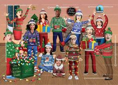 a group of people dressed up in ugly christmas sweaters and hats, all holding presents