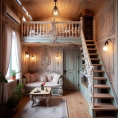 a living room filled with furniture next to a stair case