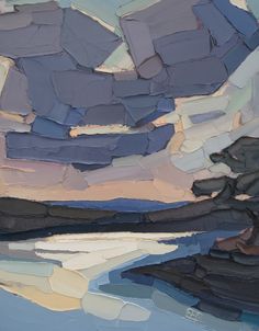 an abstract painting of rocks and water