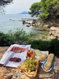 an assortment of cheeses, meat and fruit on a rock near the water