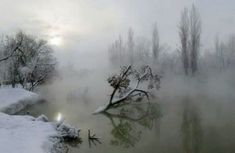 the sun shines through the foggy sky over a small river and trees in the snow