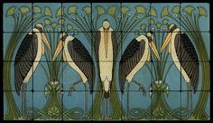 four birds are depicted in an art deco tile