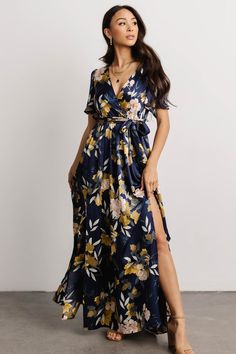 Sicily Satin Maxi Dress | Navy Floral | Baltic Born Mocha Dress, Tulle Maxi Dress, Baltic Born, White Florals, Navy Floral Dress, Guest Attire, Wedding Attire Guest, Surplice Neckline, Rust Dress