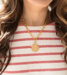 Bea Necklace – Brinker + Eliza Gold-tone Medallion Necklace With Coin Pendant, Gold Chain Medallion Necklaces For Gifts, Gold Chain Necklace With Medallion For Gift, Antique Gold Medallion Necklace With Vintage Charm, Gold-tone Pendant Medallion Necklace, Gold-tone Medallion Chain Necklace Gift, Gold-tone Medallion Amulet Necklace, Gold-tone Medallion Necklace In Amulet Style, Vintage Charm Brass Medallion Necklace