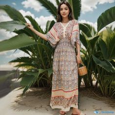 Orcajump - Printed Beach Resort Maxi Dress: A Stylish and Elegant Beachwear Option Elegant Beachwear, Resort Maxi Dress, Beach Wear Outfits, Beach Resort, Types Of Skirts, Beach Resorts, High Collar, A Line Skirt, Types Of Collars