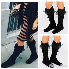 Description These Stylish Boots Feature A Moccasin Silhouette With A Round Toe And Fringe Starting From The Cuff Of The Boot Draping Down. Finished With Lace Up On The Front For Closure. Limited One Size Of Each Color. Boutique Details Bundles Receive 15% Discount At Checkout Boutique Etiquette Please, No Trades To Buy Please Use The “Buy Now” Or “Add To Bundle” Button Select Your Size And Purchase Black Knee-high Lace-up Boots For Fall, Flat Black Winter Boots, Flat Suede Boots For Fall, Spring Black Lace-up Mid-calf Boots, Black Lace-up Knee-high Boots For Fall, Flat Suede Boots For Spring, Trendy Flat Boots For Fall, Trendy Black Festival Boots, Black Spring Festival Boots