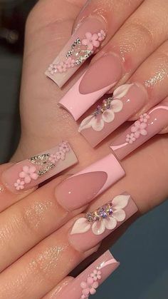 Quince Nails, Quinceanera Nails, Girly Acrylic Nails, Cute Acrylic Nail Designs, Crazy Nails, Unique Acrylic Nails, Short Acrylic Nails Designs, Pink Acrylic Nails, Square Acrylic Nails