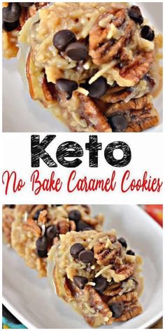 keto no bake caramel cookies on a white plate with chocolate chips and nuts