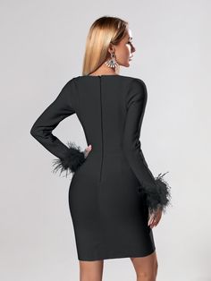 Vibrant and luxurious, the Candace Bandage Long Sleeve Feather Dress will turn heads. Crafted from a high-quality black bandage fabric and featuring a sweetheart neckline, this mini dress will add a touch of class and glamour to any event. The added feather detailing on the sleeves adds a subtle, sophisticated flair making it perfect for evenings out or special occasions. Material: Nylon, Spandex Elasticity: High Stretch Closure Type: zipper Long Sleeve Feather Dress, Black Feather Dress, Floral Heels, Short Homecoming Dress, Feather Dress, Black Feathers, Retro Dress, Sweetheart Neckline, Homecoming Dresses