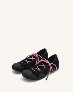 Caitlin Lace-up Ballerina Sneakers  - Black Black Stretch Sneakers With Round Toe, Black Stretch Slip-on Sneakers, Black Walking Shoes For Spring Sports, Black Stretch Synthetic Sneakers, Synthetic Stretch Sneakers With Round Toe, Stretch Synthetic Sneakers With Round Toe, Stretch Round Toe Sneakers For Light Sports, Black Sporty Walking Shoes With Flat Heel, Black Sneakers With Vibram Sole