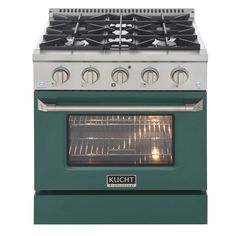 a green stove top oven with the door open