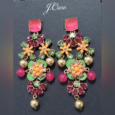 Nwt J. Crew Stone Drop Statement Earrings In Neon Flamingo Vibrant Pink Jewelry For Party, Vibrant Pink Spring Jewelry, Flamingo Color, Shell Flowers, Thick Hoop Earrings, Beading Ideas, Statement Drop Earrings, J Crew Jewelry, Sparkle Earrings