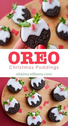 oreo christmas puddings on a wooden plate