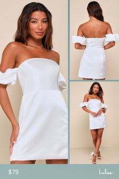 From the bridal shower to the bachelorette party, the Lulus Significant Sensation White Satin Off-the-Shoulder Mini Dress is perfect for celebrating your love with glamourous effort! Sleek woven satin shapes a princess-shaped bodice, an off-the-shoulder neckline (with hidden no-slip strips), and short puff sleeves with elastic at the shoulders and cuffs. The fitted waist tops a figure-skimming mini skirt. Hidden back zipper/clasp. Fit: This garment fits true to size. Length: Mid-thigh. Size medi The Bachelorette, Lulu Fashion, Adhesive Bra, Puffed Sleeves Dress, Strapless Bra, White Satin, Puff Sleeves, Bachelorette Party, Puff Sleeve