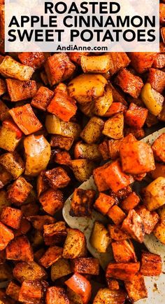 roasted apple cinnamon sweet potatoes with text overlay