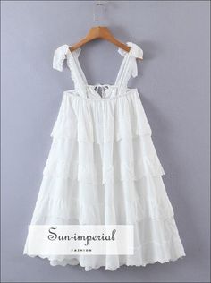 Women White Layered Lace Ruffles Puff Mini Dress with Tie Cami Strap and Center Details Sun-Imperial United States Bohemian Lace Dress, Lace Ruffle Dress, Streetwear Clothes, Brocade Dresses, Dress With Tie, Lace Ruffle, Lace Fashion, Women Lace, Bohemian Dress