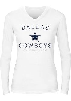 Dallas Cowboys Womens White Carsin LS Tee - 41022206 White Fitted T-shirt With Team Spirit, Fitted T-shirt With Team Name For Game Day, Fitted Graphic Print T-shirt For Football Season, Fitted Letter Print Tops For Team Spirit, Fitted Tops With Letter Print For Team Spirit, Fitted Team Name Tops For Fans, Fitted Cotton T-shirt With Team Spirit Style, Fall Team Spirit T-shirt With Logo Print, Long Sleeve Graphic T-shirt For Sports Fans