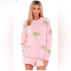 Showmeyourmumu Sweater, New With Tags On Cozy Long Sleeve Tops For Vacation, Winter Crew Neck Sweater For Vacation, Winter Vacation Crew Neck Sweater, Cotton Long Sleeve Sweater For Vacation, Cozy Winter Vacation Tops, Vacation Cotton Long Sleeve Sweater, Relaxed Fit Long Sleeve Sweater For Vacation, Relaxed Fit Long Sleeve Vacation Sweater, Pink Palm Tree