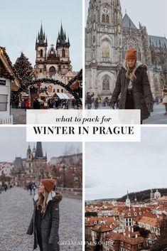 a woman standing in front of a castle with the words what to pack for winter in prague