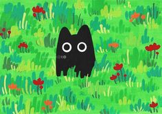 a black cat standing in the middle of a green field with red and blue flowers