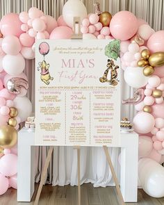 a pink and gold winnie the pooh baby shower party sign with balloons in the background