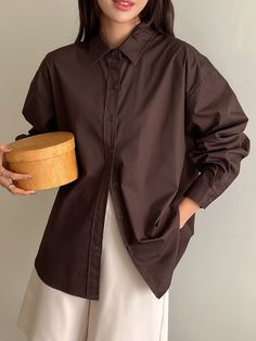 Solid Drop Shoulder Button Up Oversized Shirt,Long Sleeve Tops Chocolate Brown Casual  Long Sleeve Fabric Plain Shirt Non-Stretch Spring/Fall Women Clothing, size features are:Bust: ,Length: ,Sleeve Length: Brown Shirts For Women Casual, Brown Baggy Shirt Outfit, Brown Button Up, Brown Oversized Shirt Outfit, Brown Shirt Outfit Aesthetic, Brown Shirt Outfits Women, Brown Button Down Shirt Outfit, Brown Shirt For Women, Brown Button Up Shirt Outfit