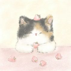 a drawing of a cat with strawberries on it's head and eyes closed