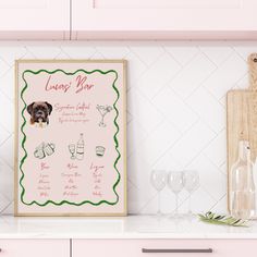 a kitchen with pink cabinets and white countertops has a dog's menu on it