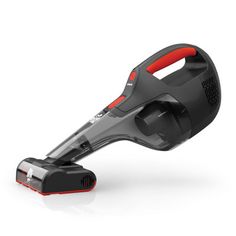 a black and red vacuum cleaner on a white background, with the cord connected to it's handle