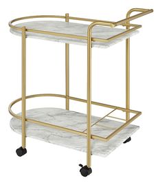 a white marble and gold metal serving cart with two shelves on wheels, one holding a tray