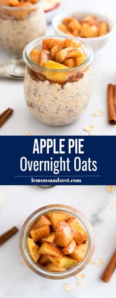 apple pie overnight oats in small glass bowls with cinnamon sticks and apples on the side