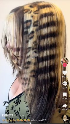 Long Blonde And Black Hair, Blonde Over Dark Hair, Hair Dye That Goes With Brown Hair, Cheshire Cat Hair Hairstyles, Straight Hairstyles Dyed, Single Skunk Stripe Hair, Patterned Hair Dye, Crazy Hair Designs, Lisa Frank Hair Color